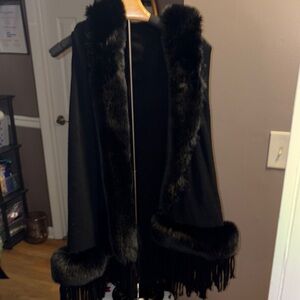 Black Faux Fur Trim Vest with Fringe